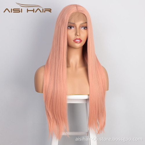 Aisi Hair Cosplay Long Silky Straight Pink Wig Natural Straight Swiss Lace Wig Middle Part Lace Frontal Wigs For Black Women